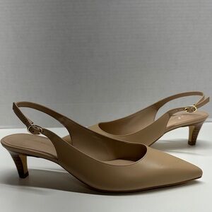 Stuart Weitzman Mara 50 Leather Slingback Kitten Heels Pump Shoes Beige Size 7.5